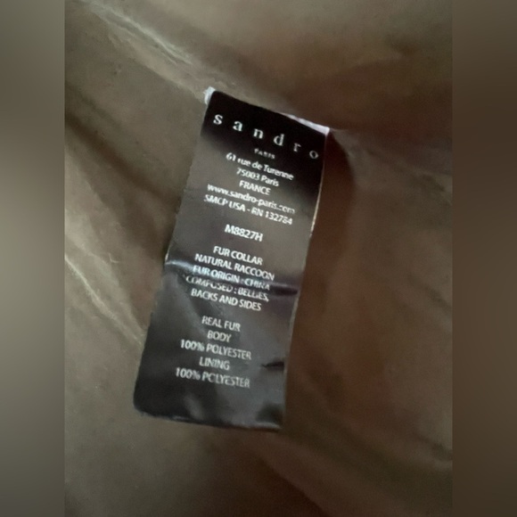 Sandro Marcie Down Puffer Jacket, Lamb Fur Hood, Leather Sleeves; size 3 / L - Picture 5 of 7